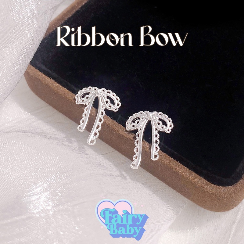 Fairybaby ต่างหู Ribbon Bow ต่างหู สวยงาม รูปโบว์สีเงิน น่ารัก ลูกคุณหนู