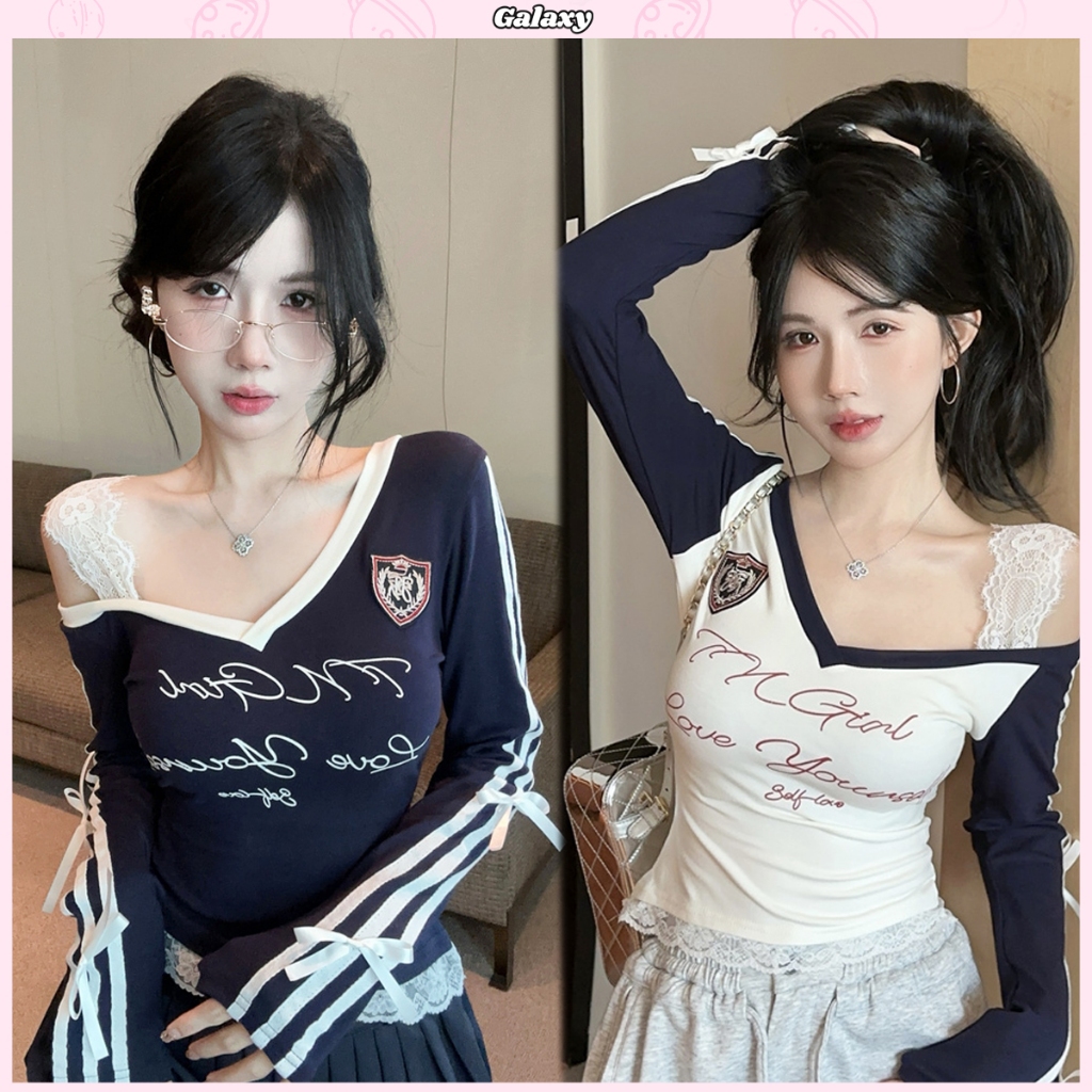 เสื้อยืดผู้หญิง เสื้อครอปเเขนยาว ขอบลูกไม้ ติดโบว์ที่เเขน ทรงสวยมาก ใส่เเล้วดูผอม #020278