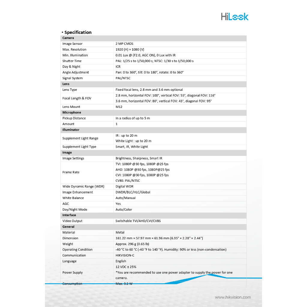 HiLook THC-B127-LMS กล้องวงจรปิด 2 ล้านพิกเซล ***ต้องใช้งานร่วมกับเครื่องบันทึกเท่านั้น***