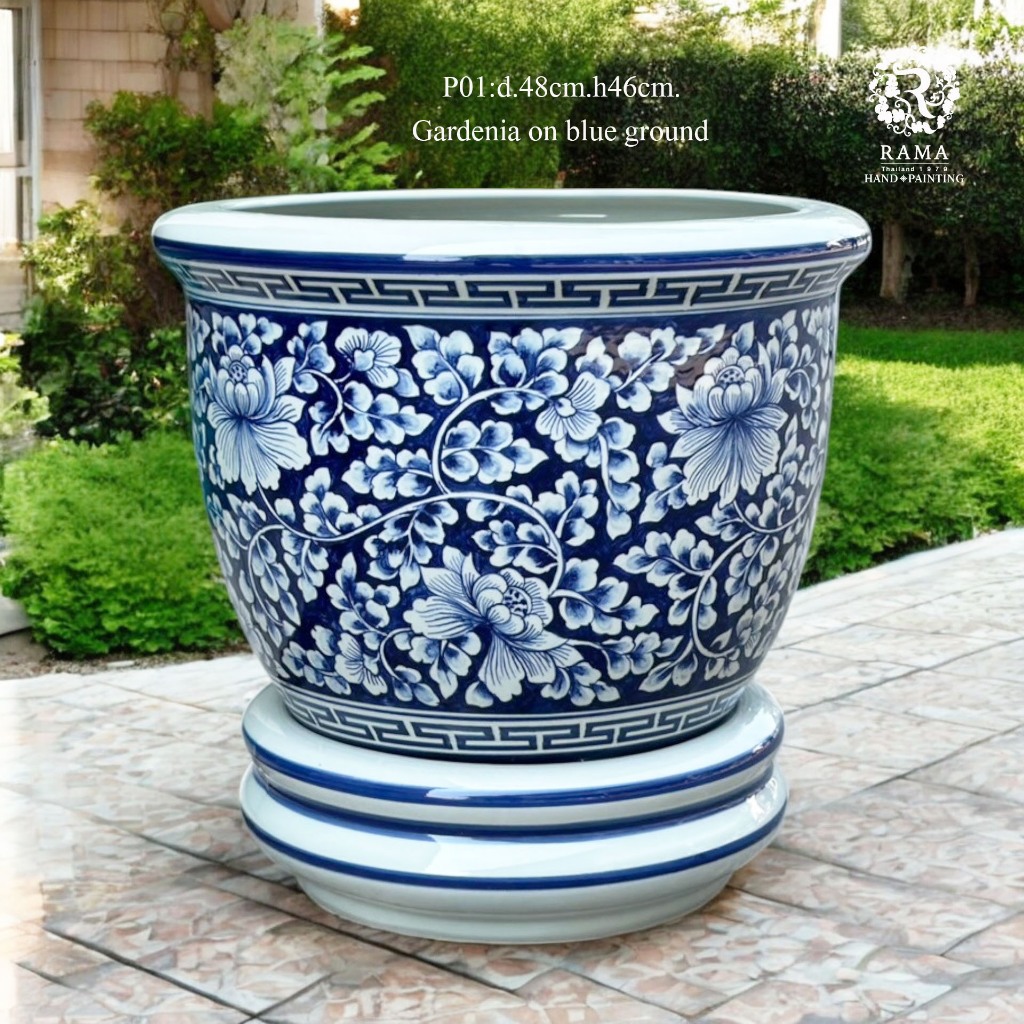 กระถางเซรามิคพร้อมฐาน งานเพ้นท์มือ ขาว–น้ำเงิน ขนาด 16", 19" และ 22" ลายการ์ดีเนีย – Rama Ceramic