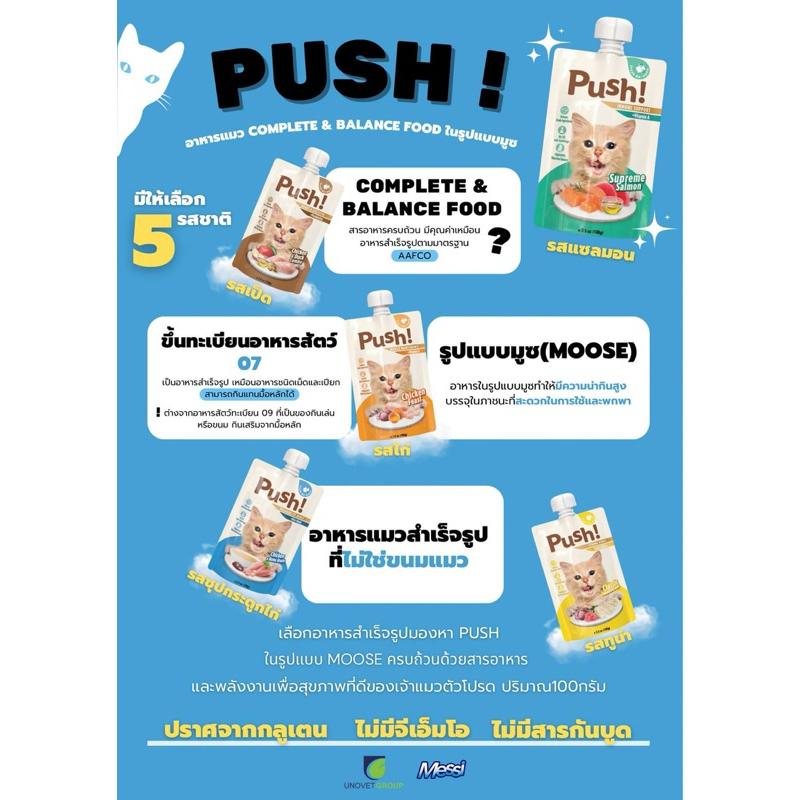 ใหม่ ! ต้องลอง PUSH ขนาด 100 กรัม ต่อ ซอง อาหารเปียกแมว สูตร complete&Balance เนื้อมูสนุ่ม ซองแบบบีบ