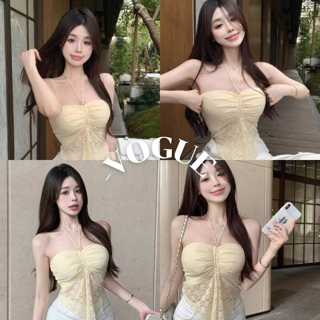 Vogue🌟พร้อมส่ง🌟 เสื้อเกาะอกไหมพรม แต่งสายคล้องคอ ทรงรัดตัว สีครีม (Y0907)