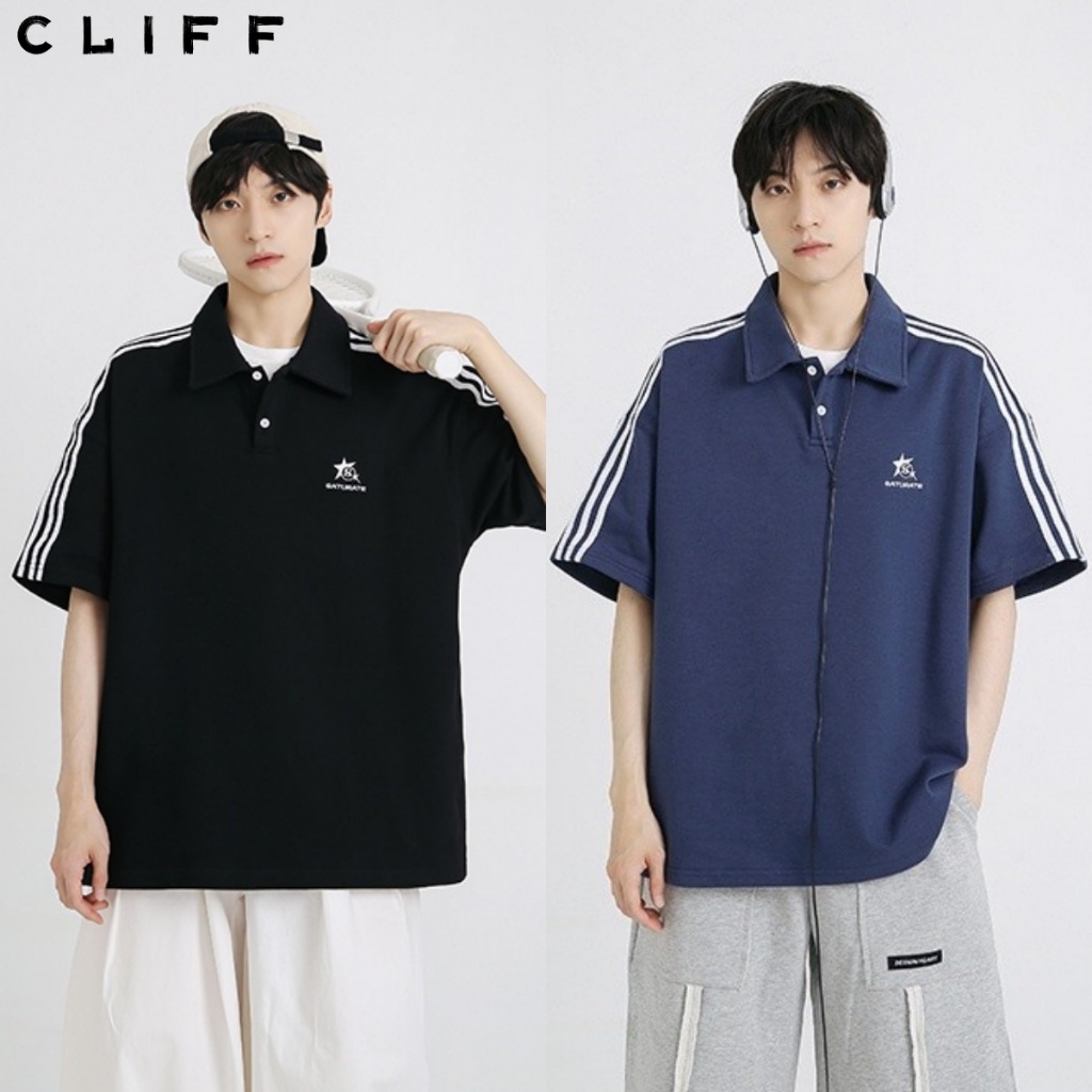 CLIFF เสื้อโปโลผู้ชาย พร้อมซิป ลาย สีต่อ เสื้อคอปก ลำลอง ชุดคู่รัก แมทช์ลุคง่าย