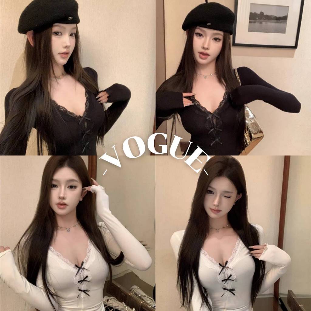 Vogue🌟พร้อมส่ง🌟 เสื้อแขนยาวไหมพรม คอวี สีพื้น ทรงรัดตัวใส่ง่าย (10149)