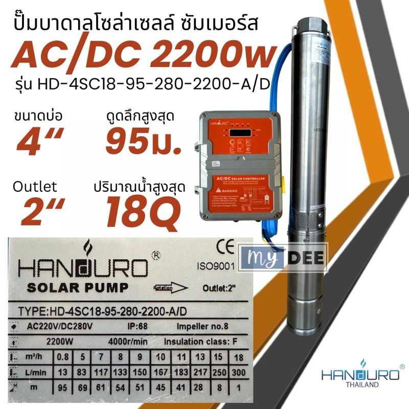 ปั๊มน้ำบาดาลโซล่าเซลล์ Handuro AC/DC 2200w 3 แรง ปั๊มบาดาลโซล่าเซลล์ 2 ระบบ  แฮนดูโร่ ประกัน 2 ปี