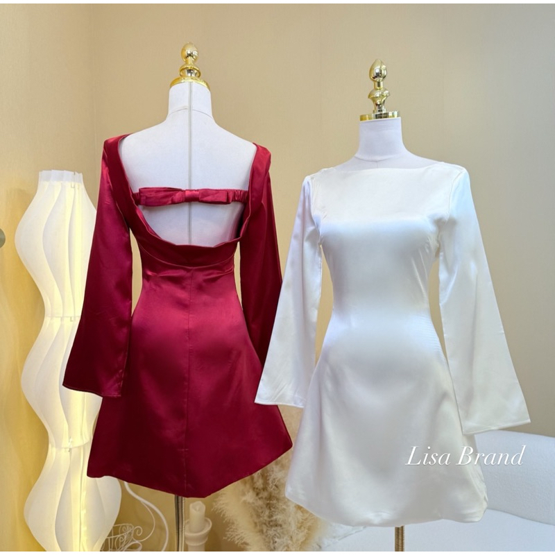 [LISA] A0856 ชุดเดรสกระโปรงแขนยาวดีเทลแต่งโบว์เว้าหลังซิปซ่อนด้านข้าง ทรงสวยหรูดูแพง ใส่เที่ยว ออกงาน ดินเนอร์ ปาร์ตี้