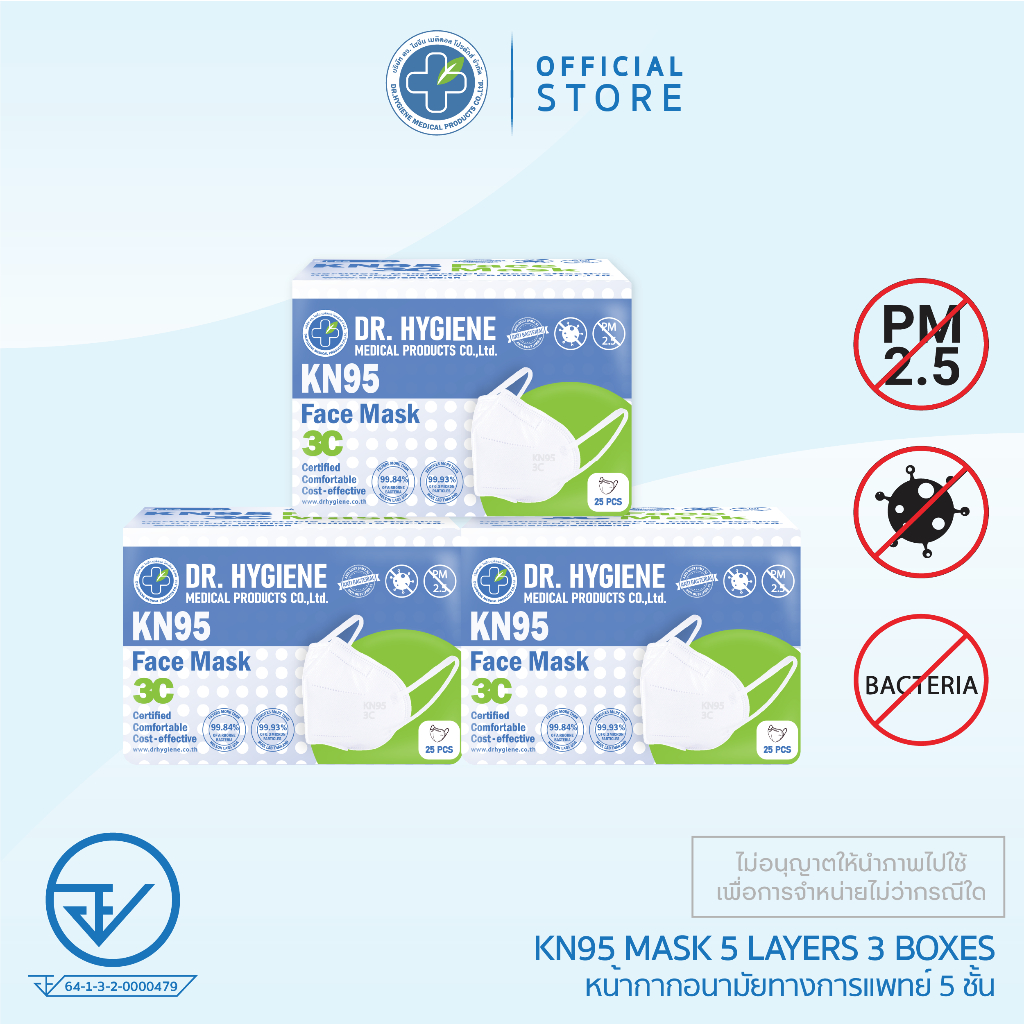 [Official] Dr. Hygiene KN95 Mask หน้ากากอนามัยกรองฝุ่น KN95 5ชั้น (25ชิ้น 3กล่อง)
