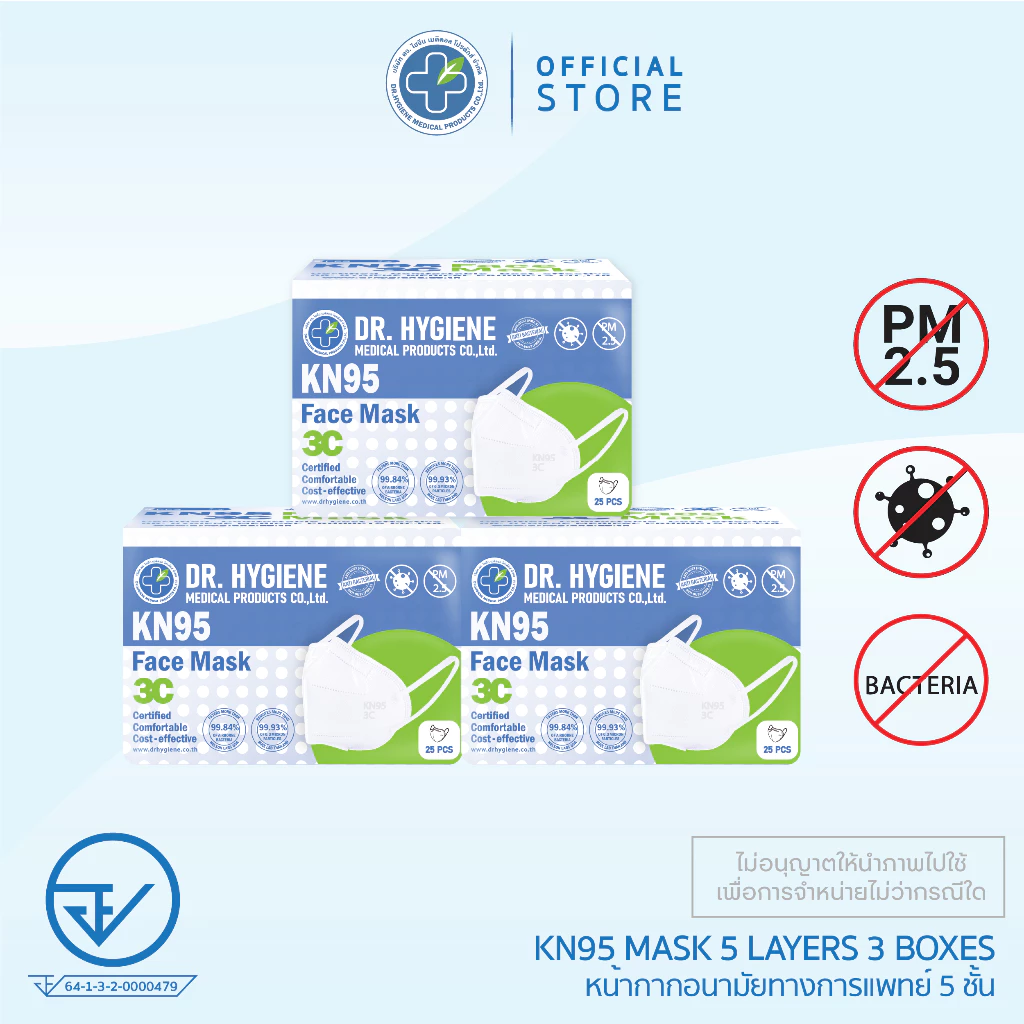 [Official] Dr. Hygiene KN95 Mask หน้ากากอนามัยกรองฝุ่น KN95 5ชั้น (25ชิ้น 3กล่อง)