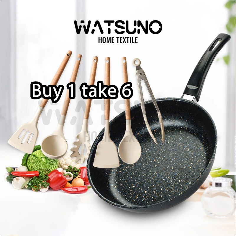Watsuno.(โบนัสเครื่องครัวซิลิโคน) กระทะทอด กระทะเคลือบหินอ่อน ไม่ติดกระทะ ทำความสะอาดง่าย ใช้ได้กับเตาทุกประเภท 28cm