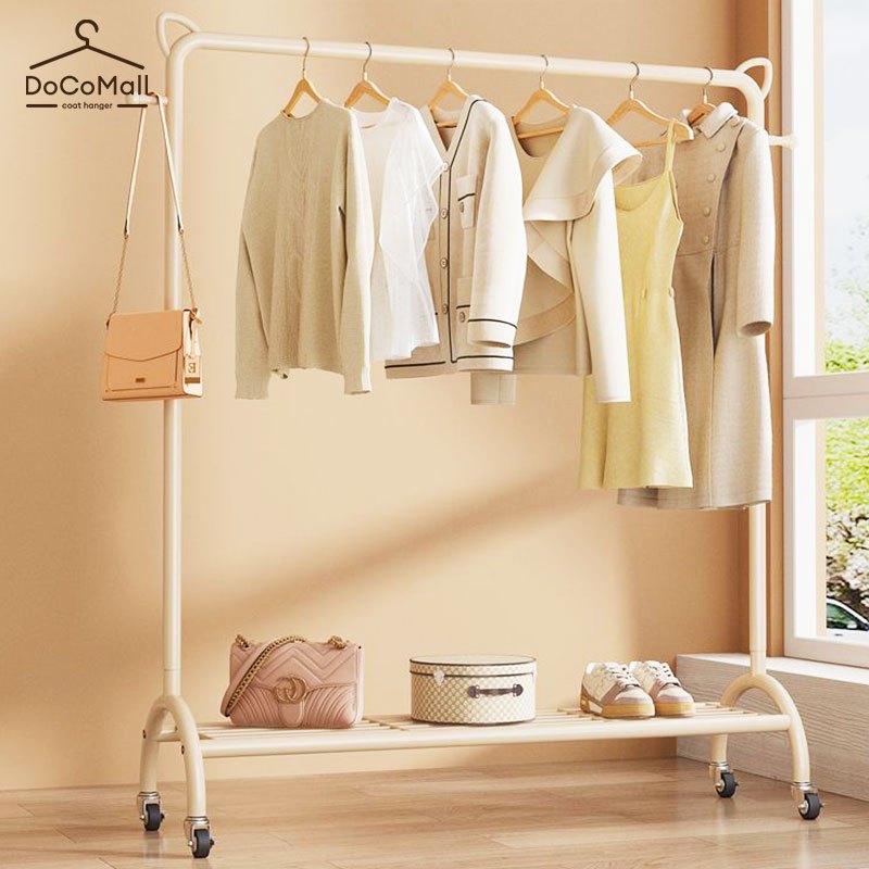NEW![ที่เกี่ยวหูแมว]ราวตากผ้า 150ซม ราวเเขวนผ้า มีล้อเลื่อนเคลื่อนย้ายสะดวก พร้อมชั้นวางของด้านล่าง โครงเหล็ก