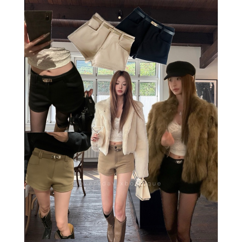 𝗠𝗢𝗗𝗘𝗥𝗡 𝗟𝗨𝗫𝗘 𝗦𝗛𝗢𝗥𝗧𝗦 𝗪𝗜𝗧𝗛 𝗕𝗘𝗟𝗧📻🖤(SML390฿ฟ) กางเกงขาสั้นเอวสูง มาพร้อมเข็มขัดอะไหล่เงินสวยแพงมากก ใส่แล้วปังแน่นอน onseason