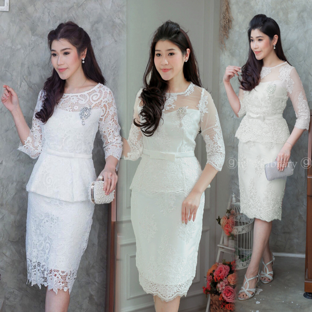 M-XXL ชุดเดรส2ชิ้น เสื้อลูกไม้+กระโปรง สีขาว ใส่ทำบุญ ใส่ไปงาน (789,911)