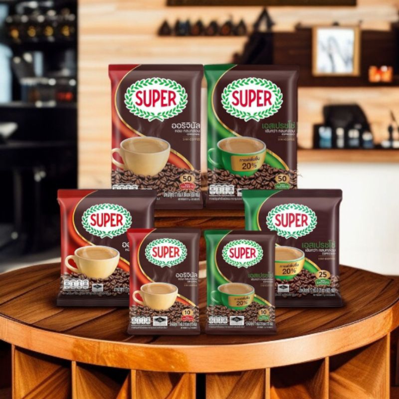 ขายดี+ ซุปเปอร์กาแฟ กาแฟปรุงสำเร็จรูป 50 ซอง 3 in 1 50,25 ซองแดงและซองเขียว  1ซอง 17 กรัม