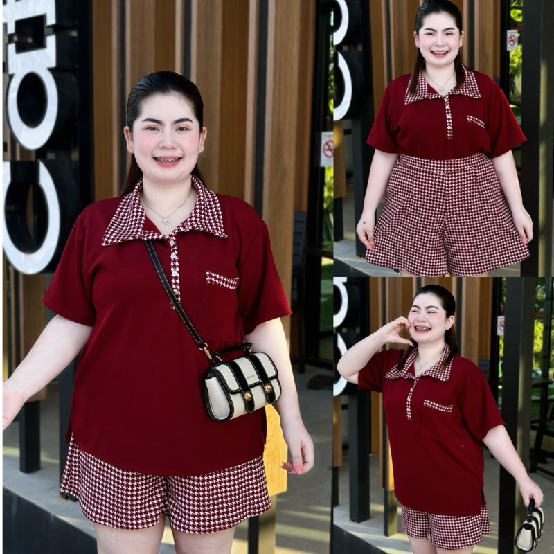 T0013 ชุดเซตคอปก เสื้อติดกะดุม กางเกงขาสั้น สาวอวบ
