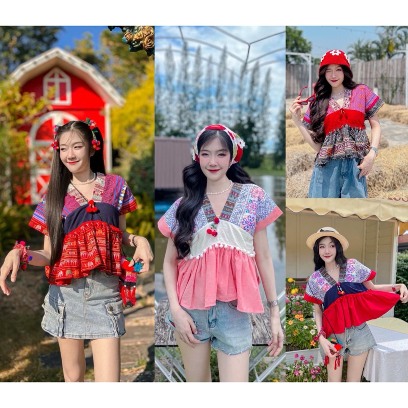 เสื้อเด็กดอย เสื้อคอวีกะเหรี่ยง เสื้อพื้นเมือง ลายช้าง/ลายดอก น่ารักๆ/สินค้ามีพร้อมส่ง