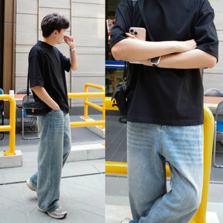 HIMSELF Smocked Wide Jeans กางเกงยีนส์ผู้ชาย เอวสูงทรงขากระบอกใหญ่ เอวยืดได้เล็กน้อย ใส่สบาย