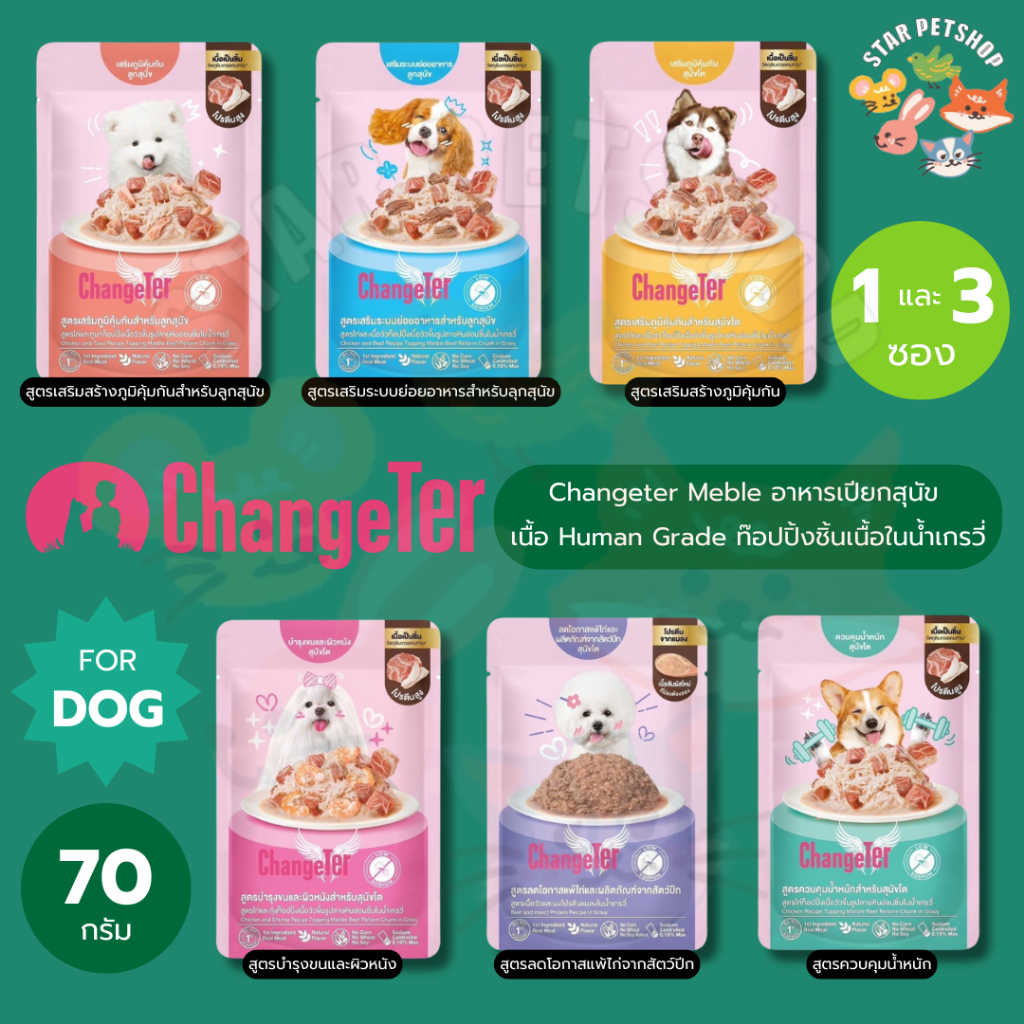 Changeter Marble Beef อาหารเปียกสุนัข มาเบิลบีฟ ท๊อปปิ้งเนื้อวัวชิ้นในน้ำเกรวี่ บำรุงสุขภาพ ขนาด 70 