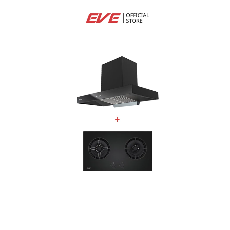 EVE เตาแก๊ส 2 หัวเตาแบบฝัง พร้อมเครื่องดูดควันติดผนัง HC-LOFTBOX-90+HB78-2BCC/BG
