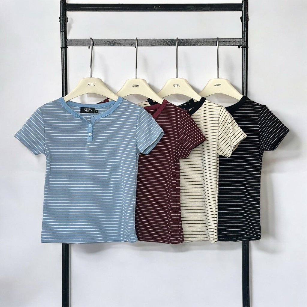Atipashop - BUTTON STRIPE TOP เสื้อยืด คอกลม ลายทาง ดีเทลกระดุมหน้า