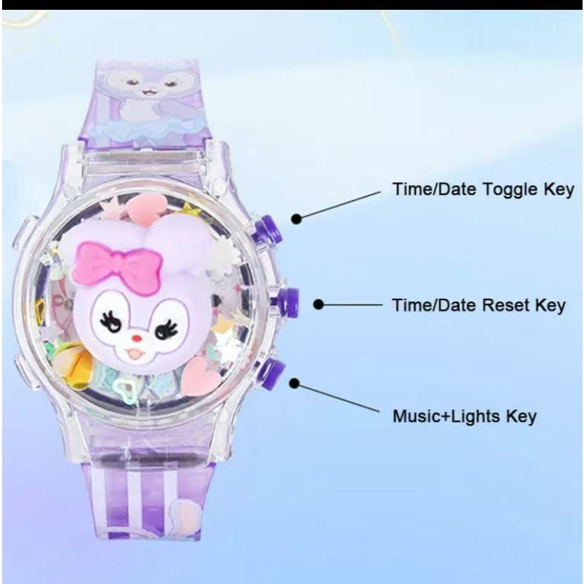 SANRIO นาฬิกา ซานริโอ คุโรมิ พร้อมกล่องของขวัญ สำหรับเด็กผู้หญิงหมุนเรืองแสงเพลงนาฬิกาที่มีสีสันกระ พริบเด็ก นำ นาฬิกาสำ