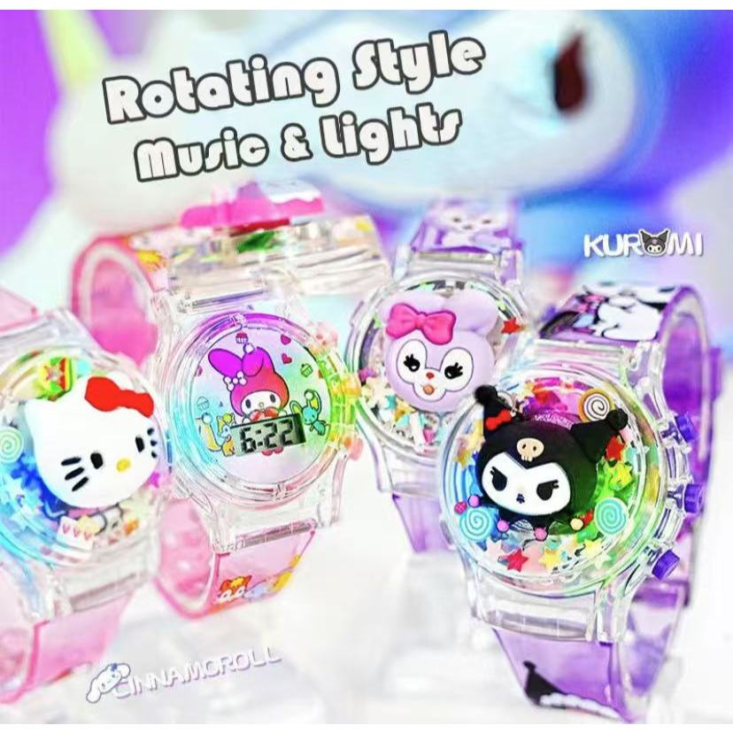 SANRIO นาฬิกา ซานริโอ คุโรมิ พร้อมกล่องของขวัญ สำหรับเด็กผู้หญิงหมุนเรืองแสงเพลงนาฬิกาที่มีสีสันกระ พริบเด็ก นำ นาฬิกาสำ