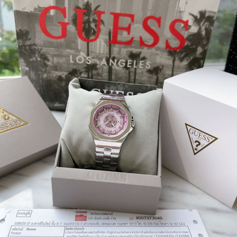 🌻หน้าปัดสีชมพู โชว์กลไก ✨ นาฬิกา Guess EMPRESS SILVER GW0551L1