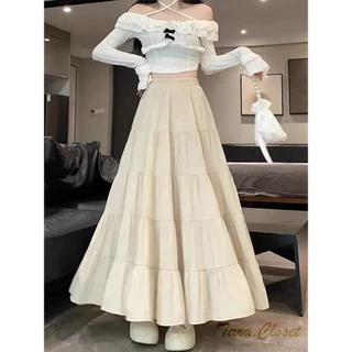 IT099 TARA SKIRT กระโปรงยาว เอวสูง ทรงบอลลูน แต่งระบาย 5 ชั้น สม็อครอบเอว ผ้าไหมอิตาลี ผ้าดี ใส่สบาย ไม่ต้องรีด