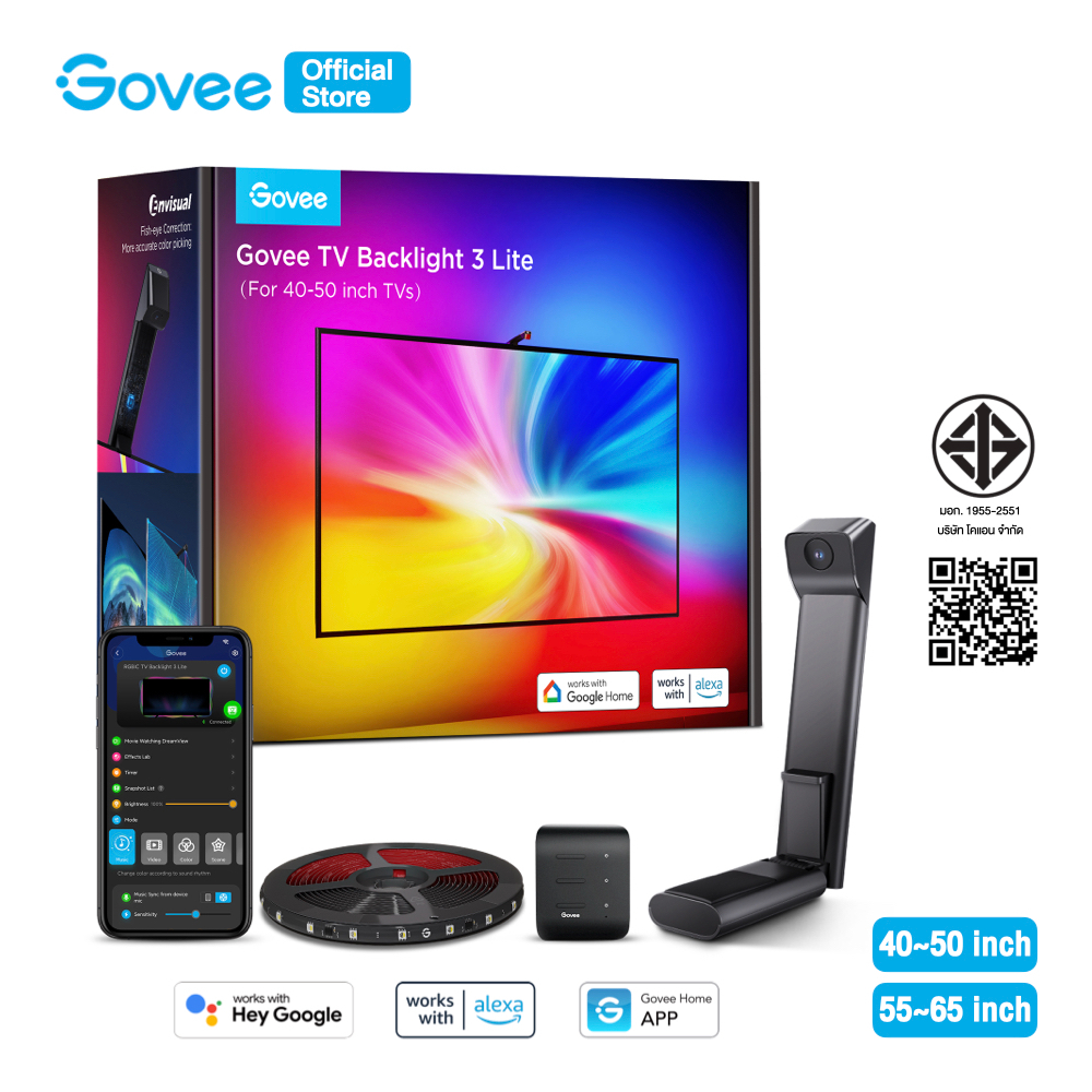 Govee Envisual TV Backlight 3 Lite ไฟ LED ติดหลังทีวี พร้อมกล้อง Sync สีจอ (40–50 / 55–65 นิ้ว)