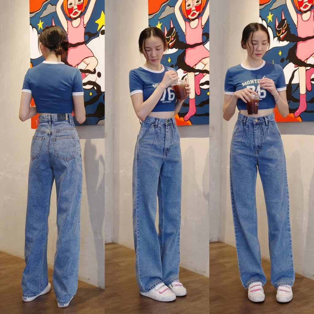 กางเกงยีนส์เอวสูงทรงกระบอกจับจีบ รุ่น Pleated Jeans