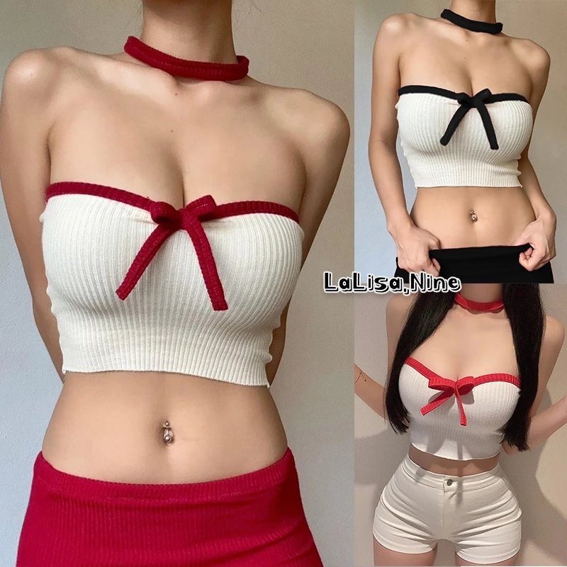 Lalisa พร้อมส่ง🎀เสื้อสายเดี่ยวไหมพรม🎀เอวลอยครึ่งตัว​ แต่งจีบโบว์ สีพื้น เสื้อถักกุทัณฑ์ สำหรับผู้หญิง เซ็กซี่สวย แฟชั่น