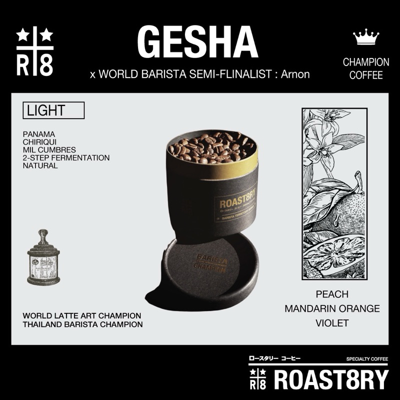 เมล็ดกาแฟ Gesha Panama : คั่วออนโทน peach, orange, jasmine สำหรับกาแฟ filter และ Espresso ขนาด 60g