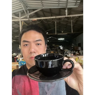 ชุดกาแฟ แก้วกาแฟร้อน แก้วลาเต้ร้อนแก้วอเมริกาโน่ร้อน สีดำล้วน ขนาด 8oz แก้วกาแฟเซรามิคพร้อมจานรอง เข้าไมโครเวฟได้
