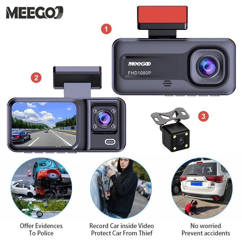MeeGoo 4K 1080P กล้องติดรถ 2 นิ้ว 3 กล้อง dash cam เครื่องบันทึกการขับ โหมดกลางคืน จับการเคลื่อนไหว thumbnail 3