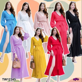 TwinsShopVip💗พร้อมส่ง TW12345 เดรสชีฟองยาวผูกเอว