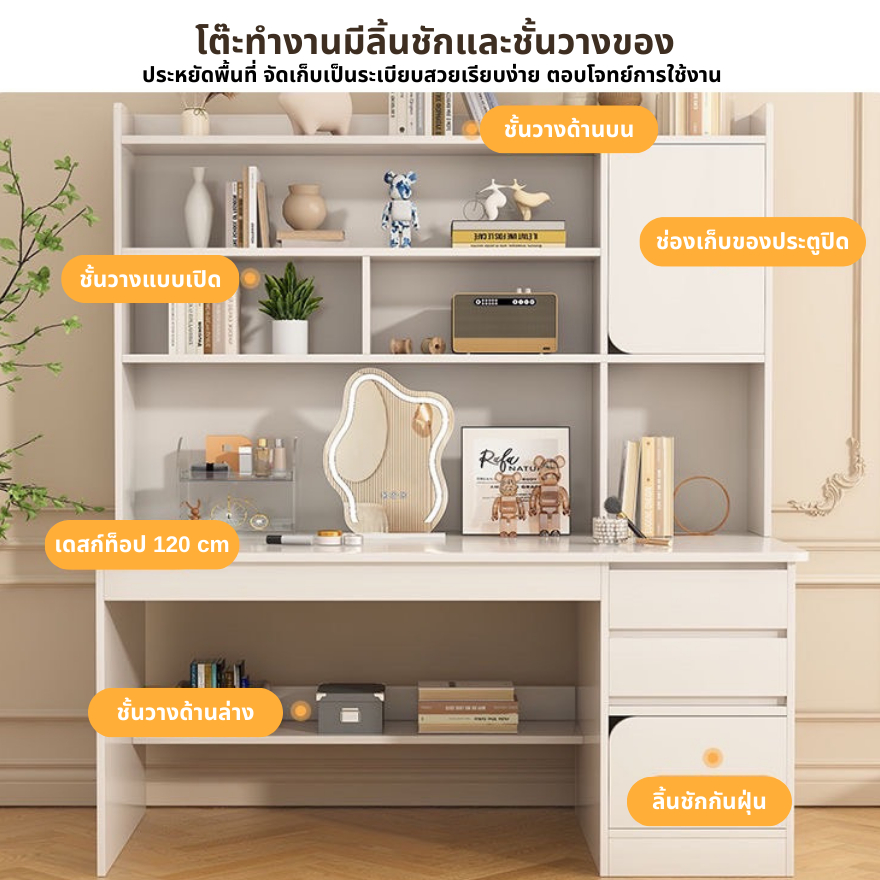 โต๊ะทำงานมีชั้นวางของ โต๊ะคอมพิวเตอร์ 100/120cm มีลิ้นชัก กว้างขวาง สวยมินิมอล ไม้คุณภาพด แข็งแรง - รูปที่ 2