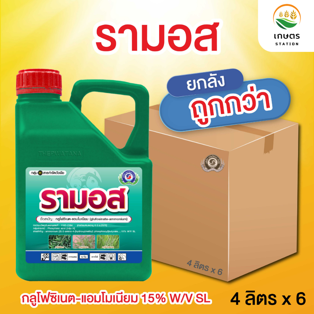 (ยกลัง 6 แกลลอน) รามอส กลูโฟซิเนต-แอมโมเนียม ยากำจัดวัชพืชประเภทใบกว้าง ใบแคบ เผาไหม้กึ่งดูดซึม