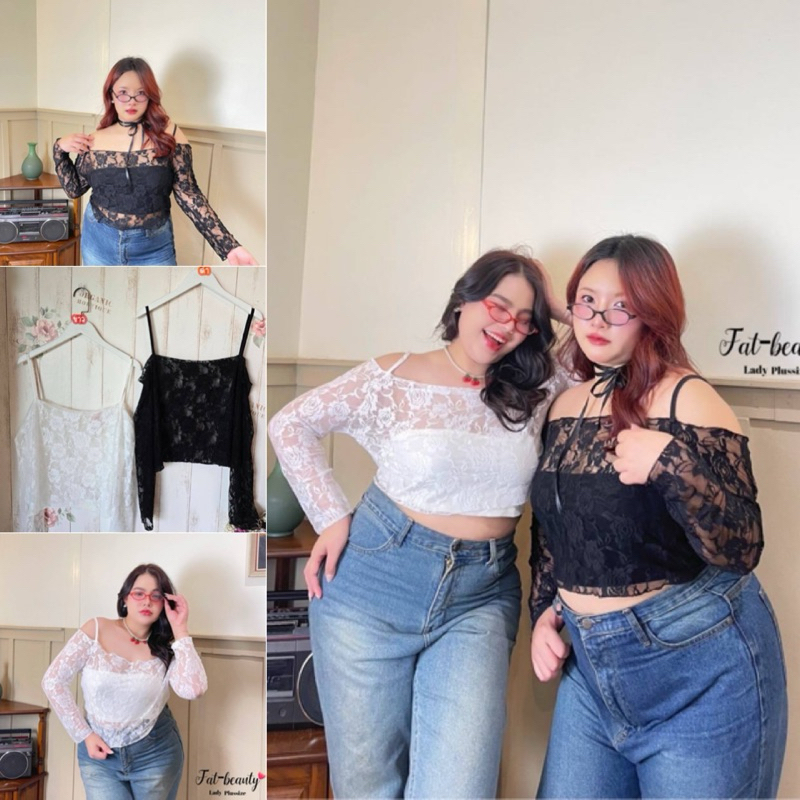 ✅ลดแรงโปรเปิดร้าน เสื้อลูกไม้ซีทรูเปิดไหล่แขนยาว ผ้าลูกไม้ เนื้อนิ่ม ใส่สีดำ