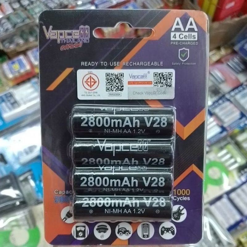 ถ่านชาร์จ  Vapcell AA 2800mah V28 Ni-MH 1.2v จำนวน 4ก้อน ของใหม่ ของแท้