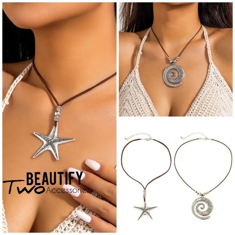สร้อยคอผูกเชือกหนังจี้ปลาดาว 5 แฉกและขดหอยใส่สวยได้ฟิลล์ริมทะเล