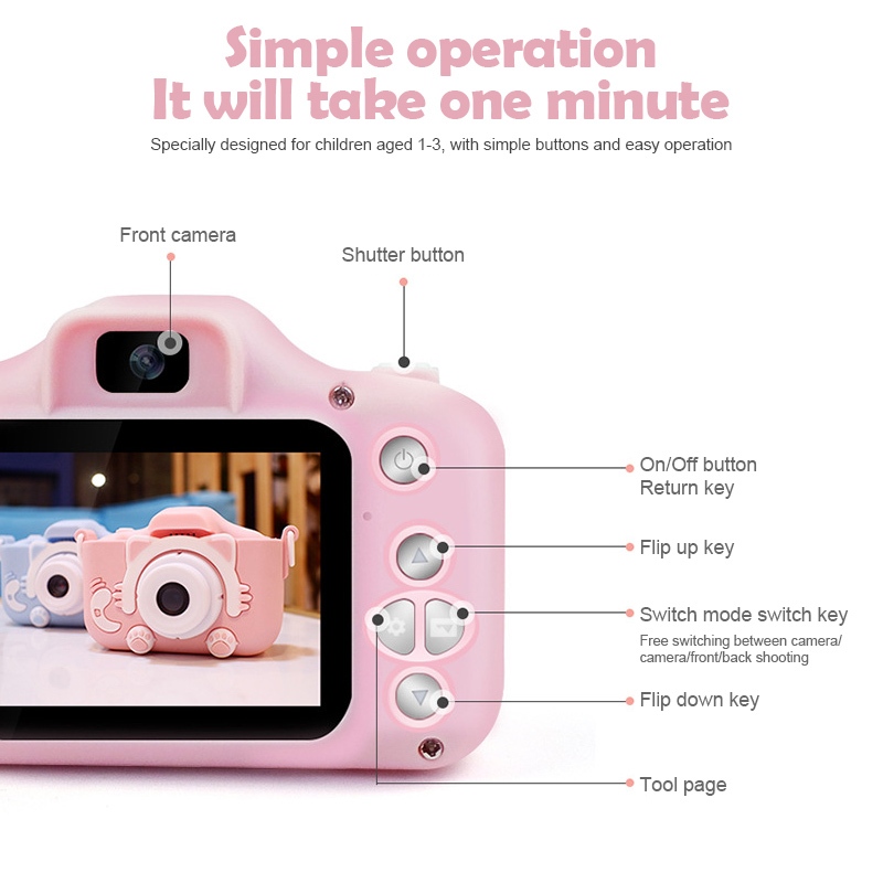 กล้องถ่ายรูปเด็ก กล้องดิจิทัล 1080P หน้าจอ IPS 2.0 นิ้ว กล้องคู่เด็กกล้องการ์ตูนของเล่นมินิกล้อง เอสแอลอาร์