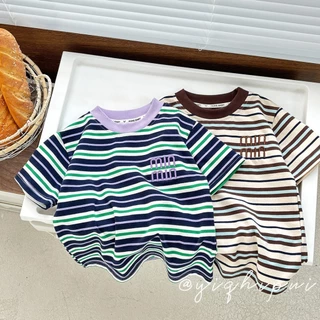 เสื้อยืดลายทาง สำหรับเด็กหญิงและเด็กชาย เนื้ิอผ้าดี นิ่ม ระบายอากาศได้ดี คอกลม เหมาะกับหน้าร้อน พร้อมส่ง เสื้อเด็กผู้ชาย