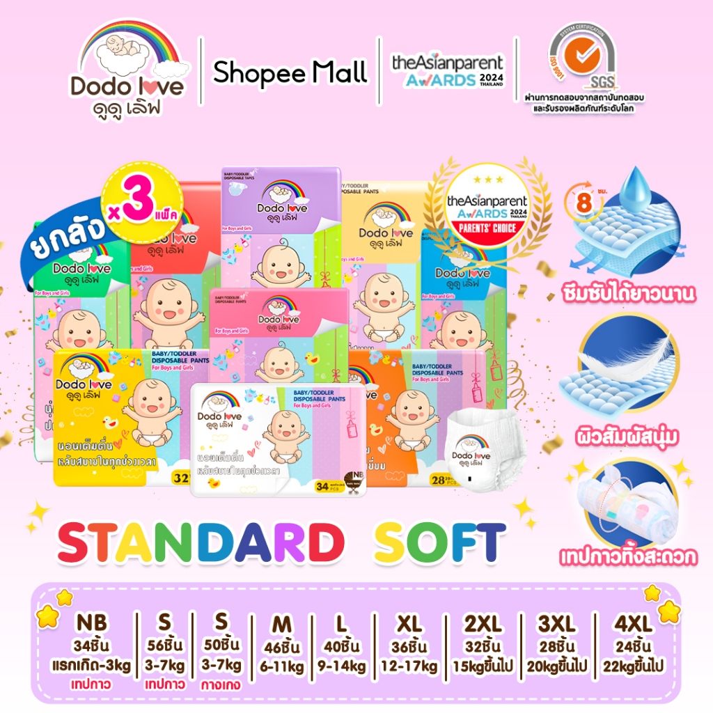 [ Specials ] ยกลัง 3แพ็ค DODOLOVE Standard Soft กางเกงผ้าอ้อม ผ้าอ้อม Size NB-4X