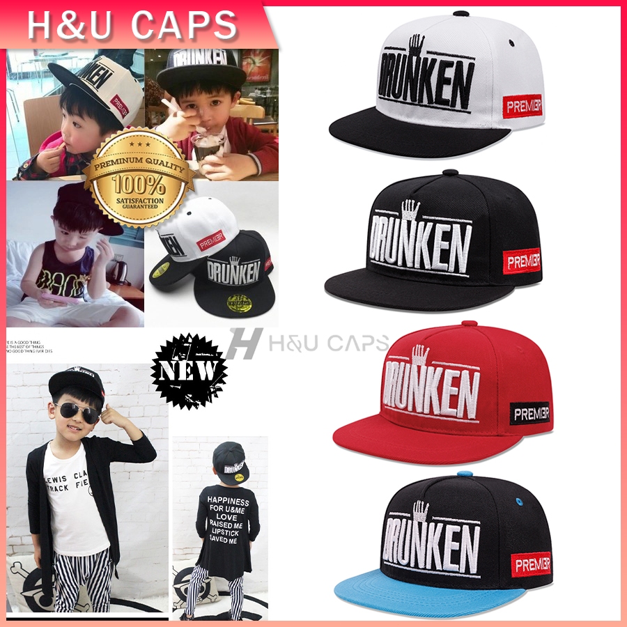 แฟชั่น เด็ก หมวกฮิปฮอป DRUNKEN ปักลายตัวอักษร สามารถปรับได้ snapback cap กลางแจ้ง กีฬา หมวกปีกแบน