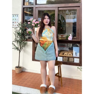 CiCi Plus+(1133-2) เสื้อคล้องคอทรงสายเหลี่ยม ผูกหลัง ดีเทลลายมัดย้อม สวยเก๋ไม่ซ้ำใคร สไตล์สาวพลัสไซส์