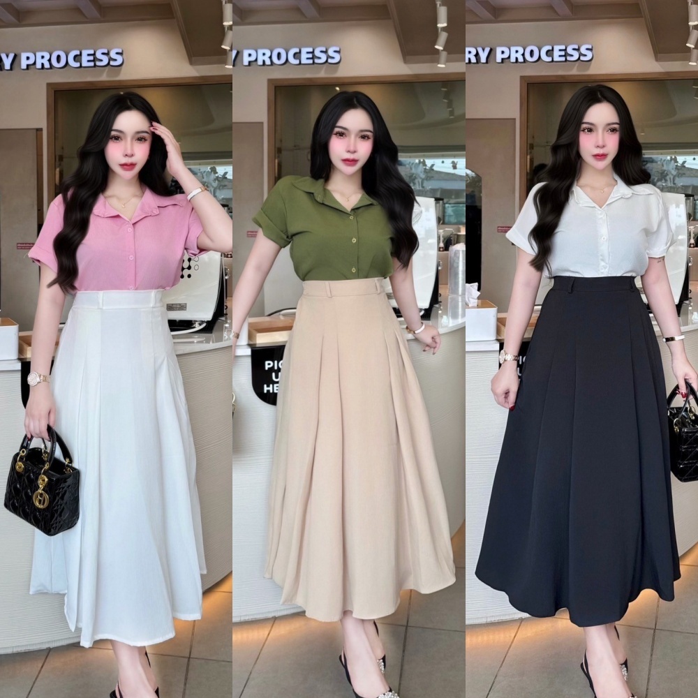 สินค้าพร้อมส่ง ชุดเซตกระโปรง สไตล์ผู้ดี เสื้อเชิ้ตแขนเบิ้นกระดุมหน้า+กระโปรงเอวเรียบสม็อคหลังมีซับใน A5189