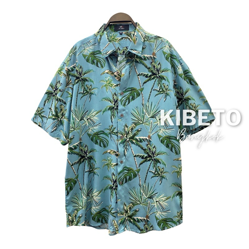 Kibeto เสื้อฮาวาย ลายโคโค่ สีเขียวอมฟ้า ผ้าสปันเรยอน เนื้อนิ่ม ใส่สบาย M L XL 2XL 3XL