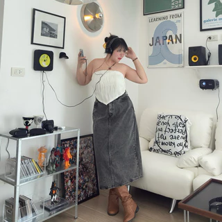 Metal Denim Skirt กระโปรงยีนส์ยาว(สีเมทัล)ผ่าหลังเอวสูง (ดำฟอก)💕🦋✨ | Geebeety