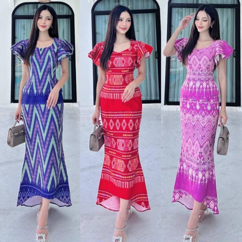 ป้าย Ananya เซ็ตเสื้อแขนระบาย พร้อมกระโปรงหางปลา ลายไทย ลายแพรวา