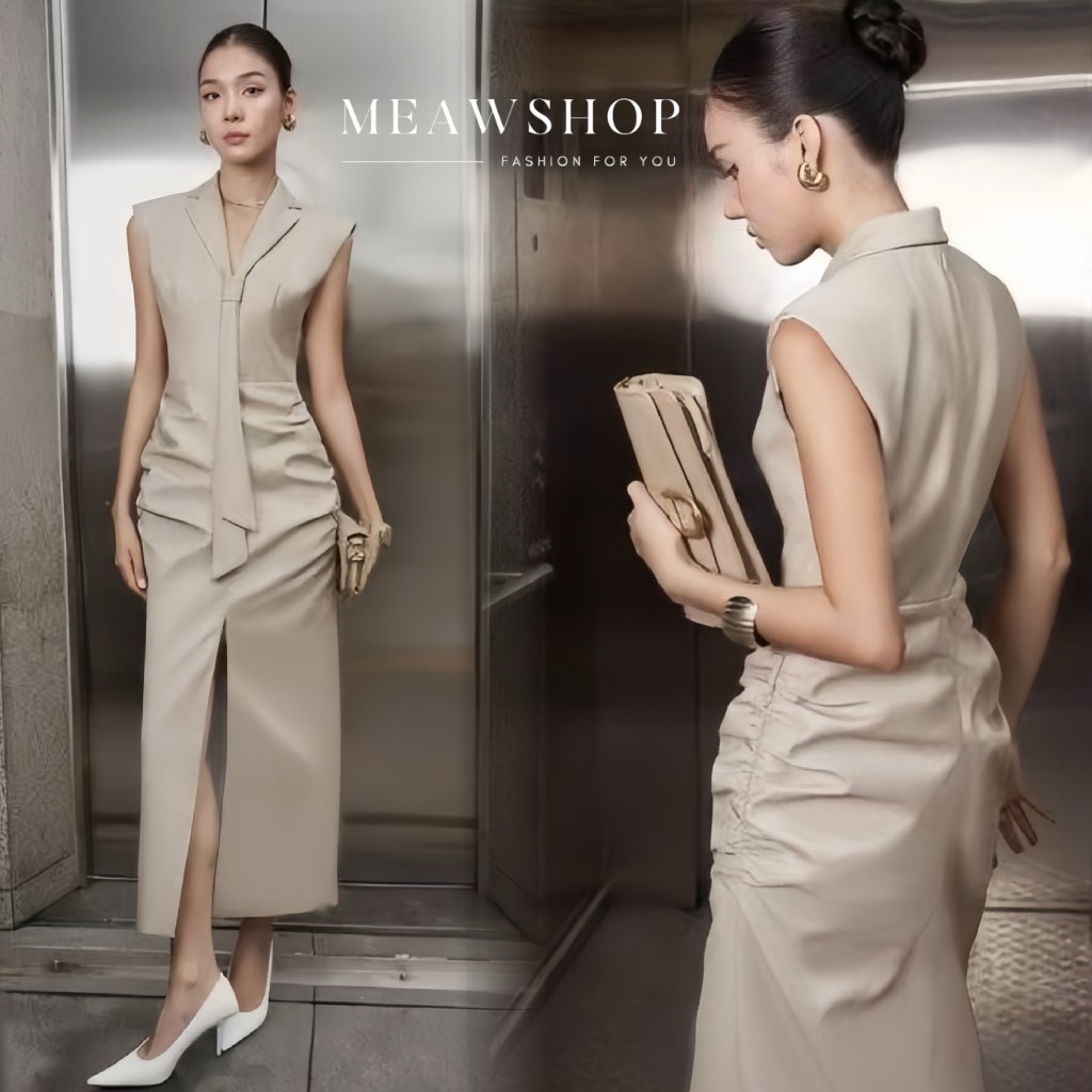 S-XL เดรสคอปกแขนกุดตัวยาว ชุดทำงานผู้หญิง ชุดออกงาน ชุดไปงาน ชุดไปเที่ยว ชุดไปเดท ชุดไปประชุม ชุดทำง