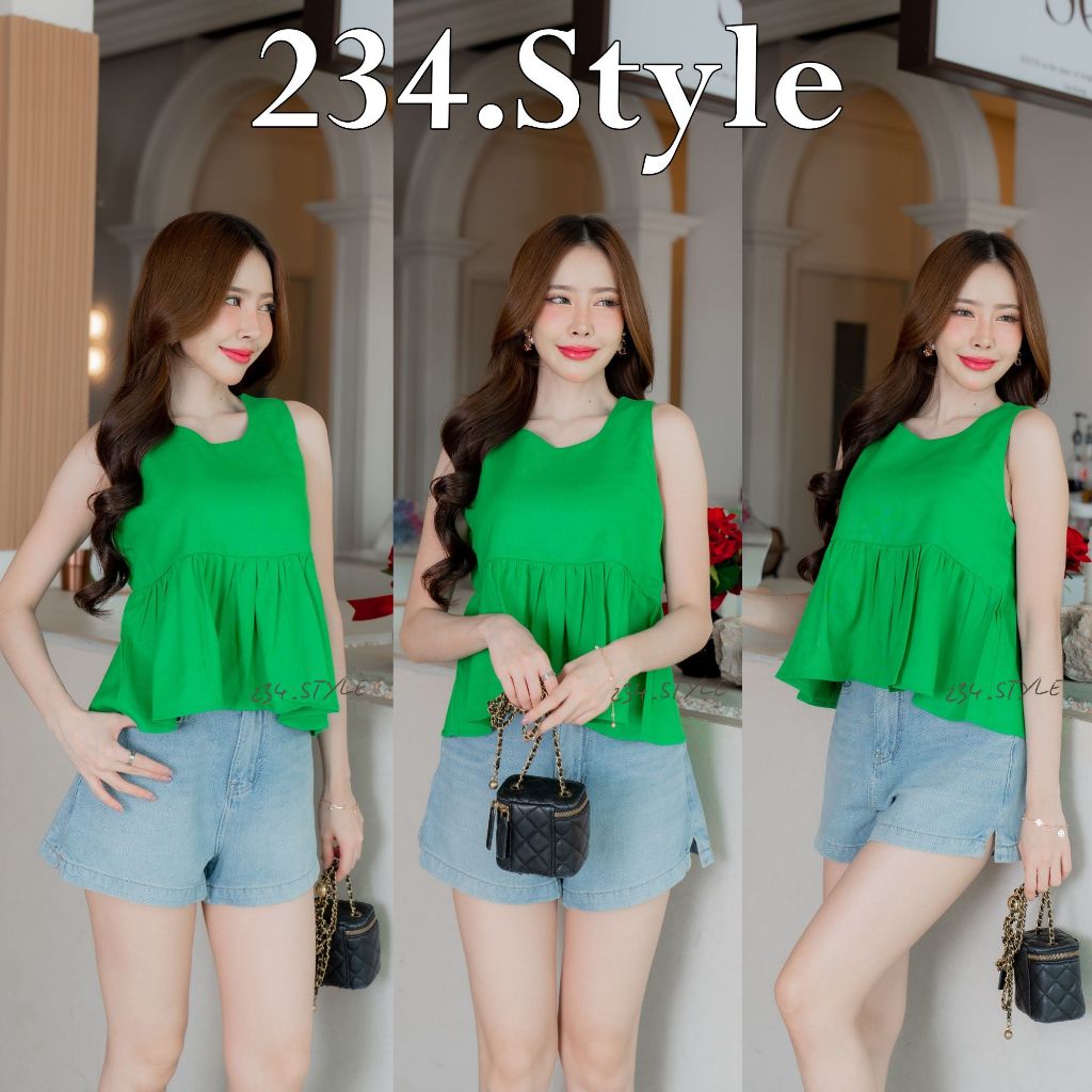 SP02 เสื้อผู้หญิงแขนกุดระบาย ผ้าลินิน สีซัมเมอร์ สดใส ผูกโบว์หลัง